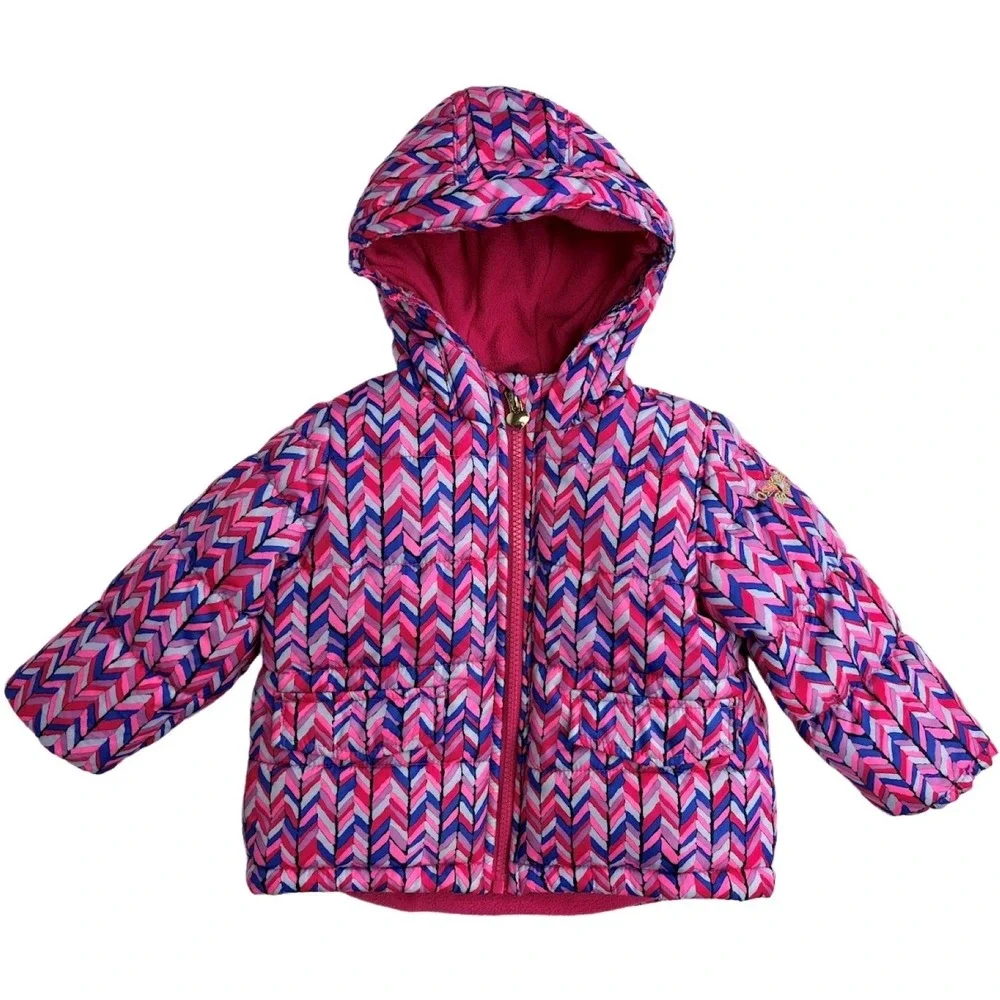 OshKosh B'gosh Girls 18 Mos‎ Puffer Jacket Pink Blue Chevron Zip Hooded